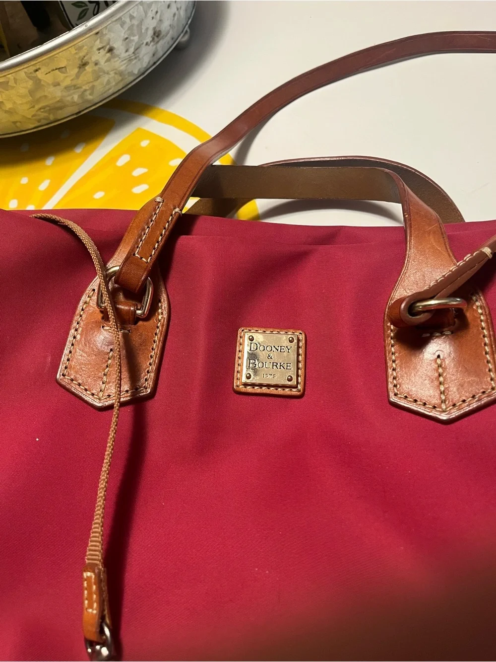 Dooney & Bourke Crimson Red Nylon Tote with Cognac Leather Trim